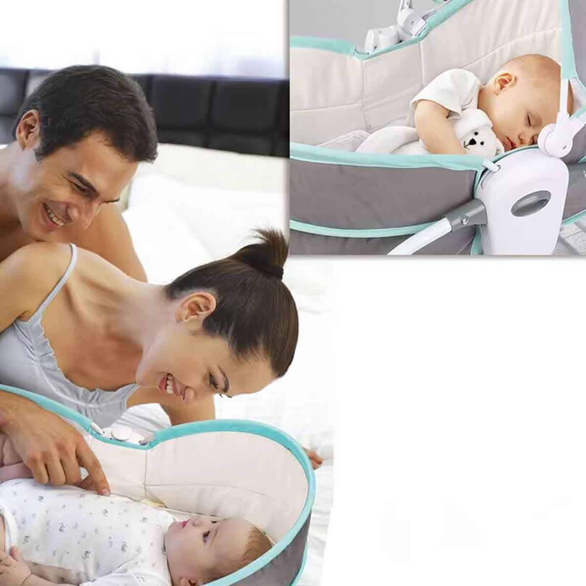 كيكي بيبي سرير هزاز 5 في 1 باللون الرمادي مع مقعد دوّار 360° وموسيقى قابلة للتعديل للأطفال من عمر 0-2 سنة