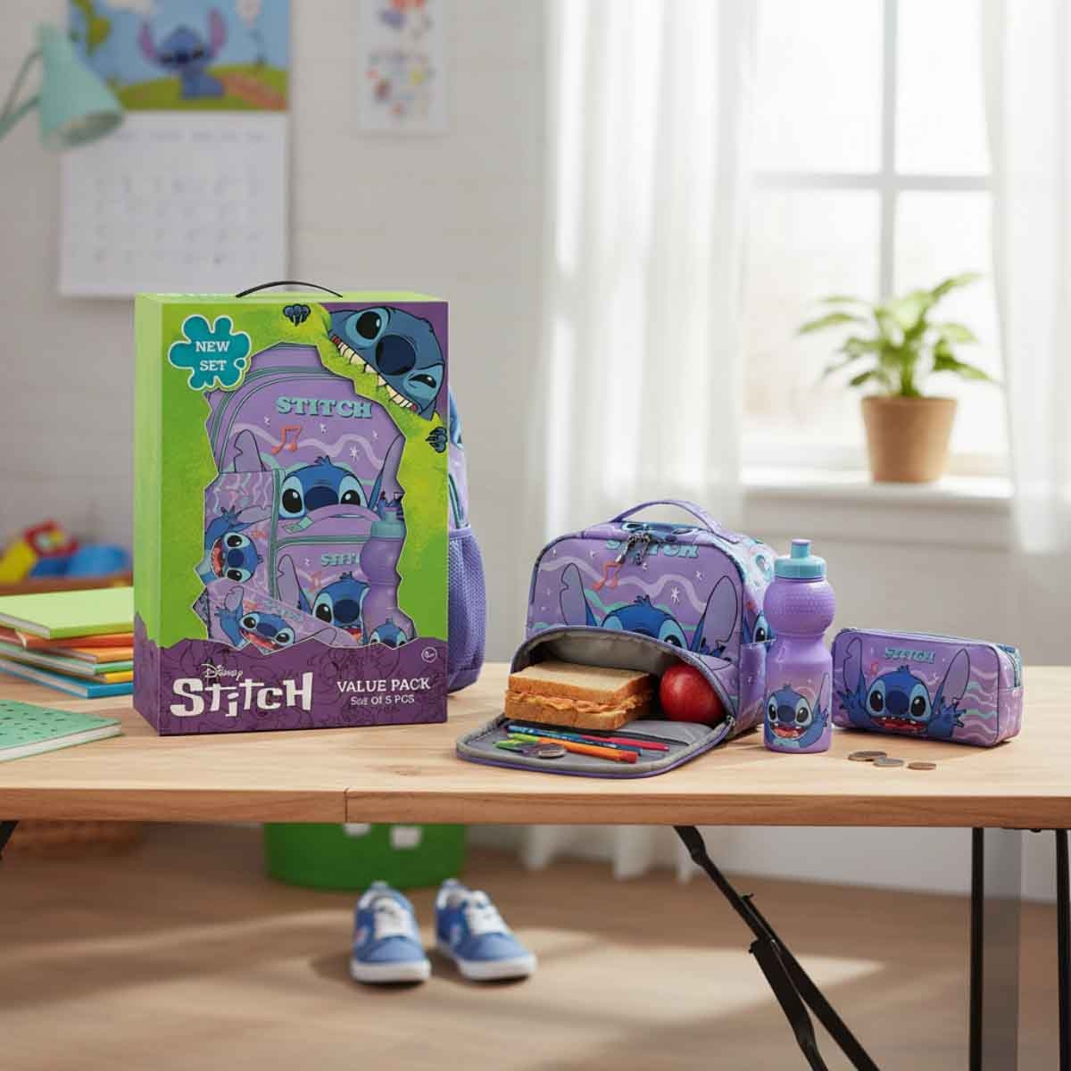 ليليو & ستيتش مجموعة حقيبة ترولي 5 في 1 مقاس 16 انش مع صندوق غداء وزجاجة ومقلمة وحقيبة غداء