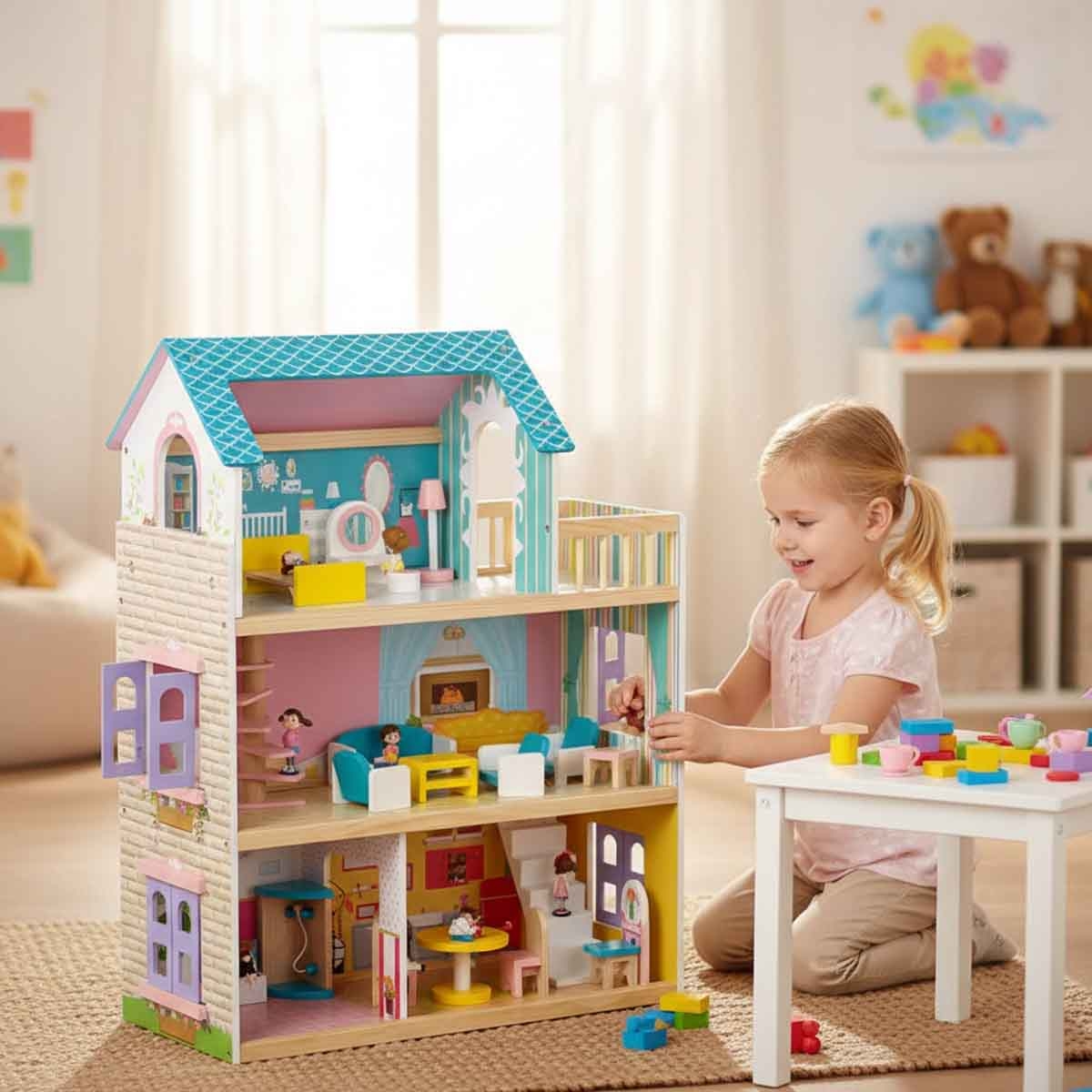 ليتل ستوري بيت دمى خشبي بثلاثة طوابق مع أثاث وإكسسوارات ودمى للبنات، 3–4 سنوات