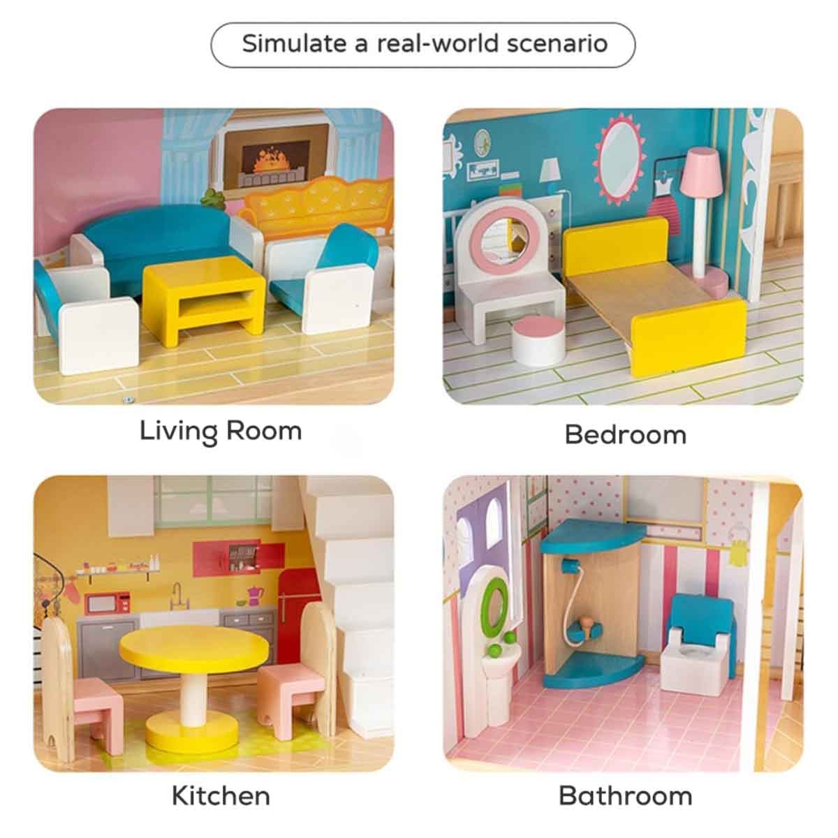 ليتل ستوري بيت دمى خشبي بثلاثة طوابق مع أثاث وإكسسوارات ودمى للبنات، 3–4 سنوات