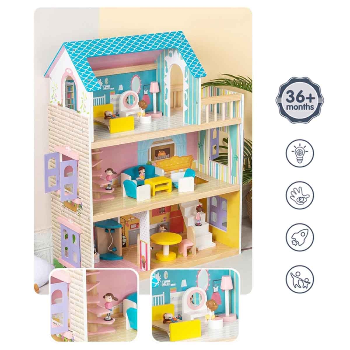 ليتل ستوري بيت دمى خشبي بثلاثة طوابق مع أثاث وإكسسوارات ودمى للبنات، 3–4 سنوات