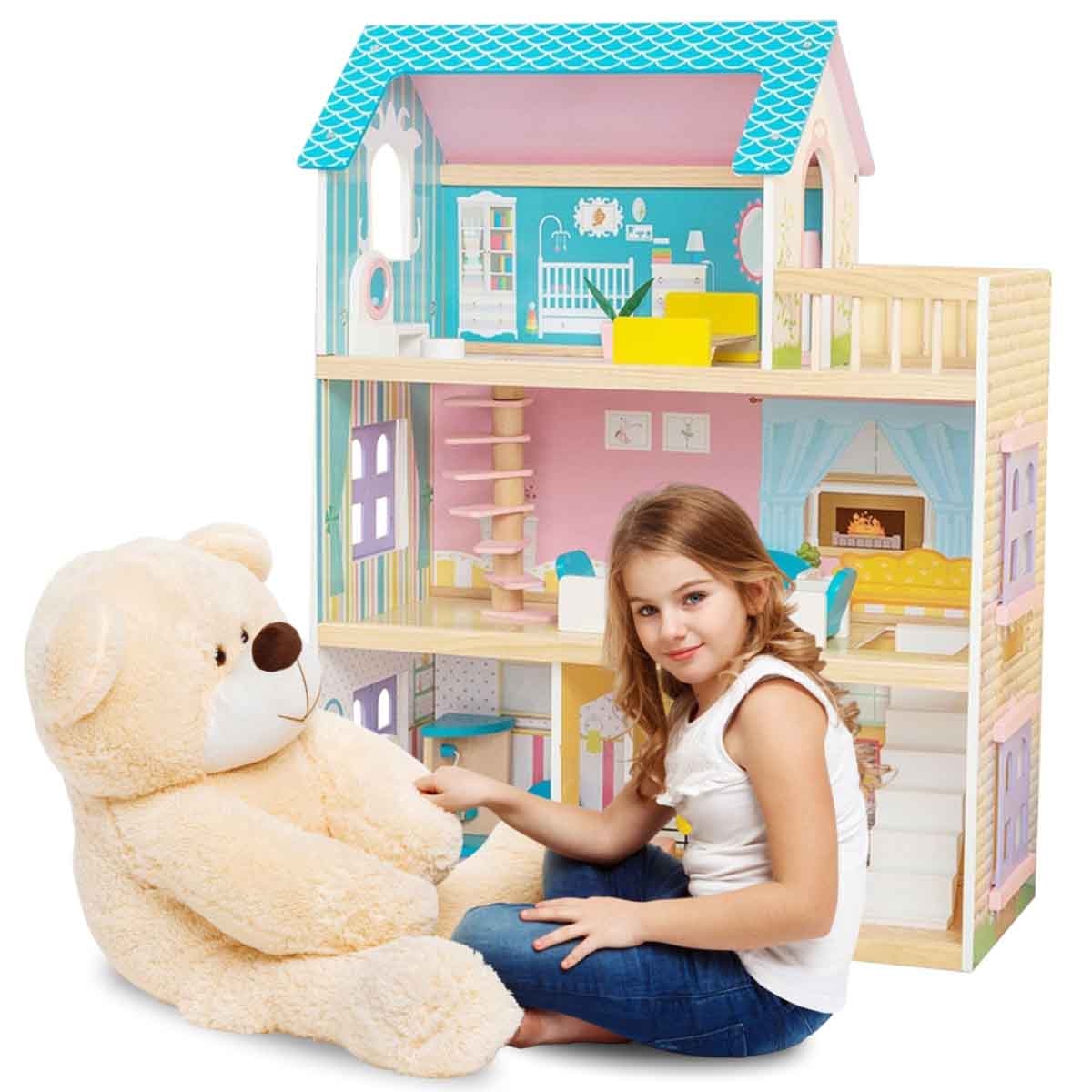 ليتل ستوري بيت دمى خشبي بثلاثة طوابق مع أثاث وإكسسوارات ودمى للبنات، 3–4 سنوات