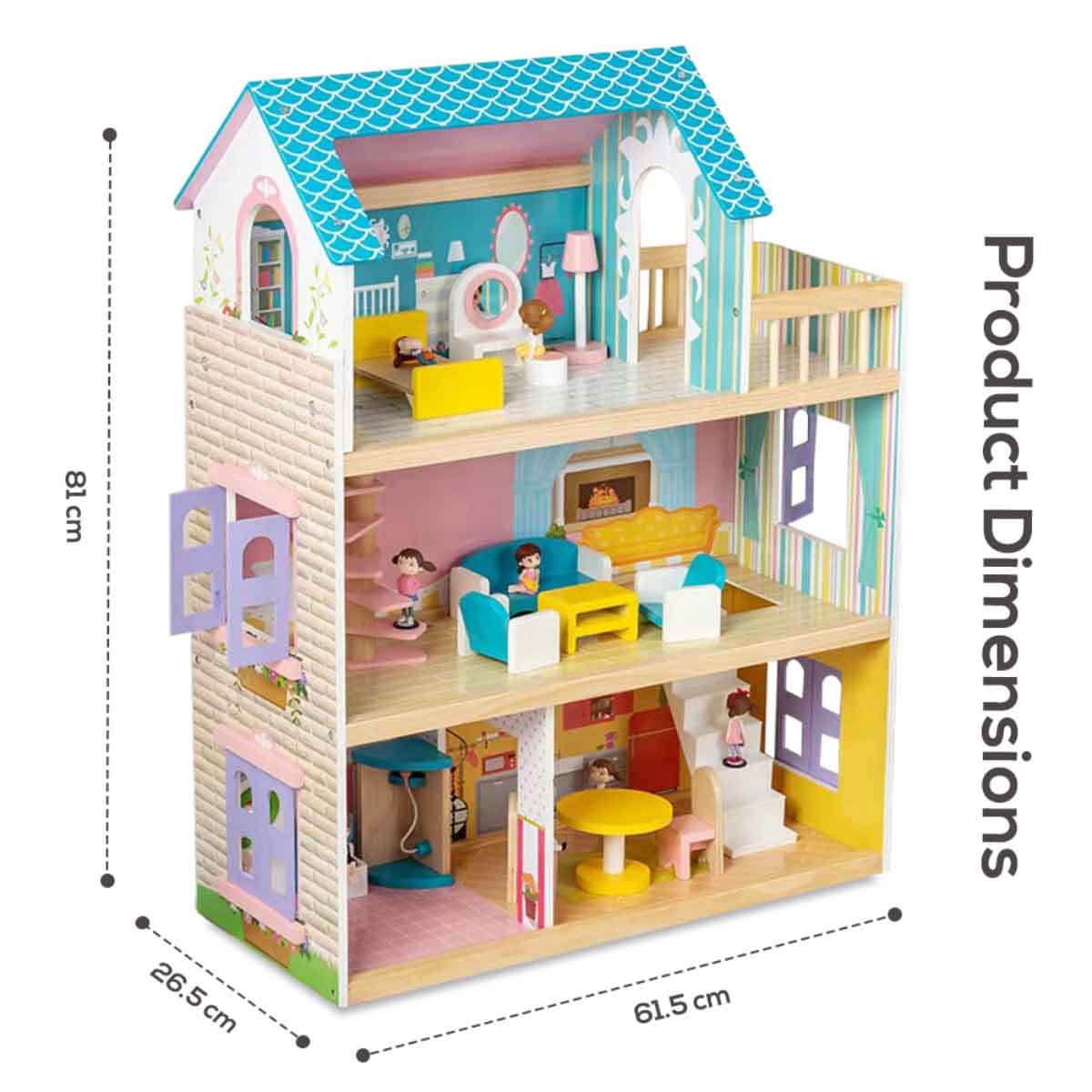 ليتل ستوري بيت دمى خشبي بثلاثة طوابق مع أثاث وإكسسوارات ودمى للبنات، 3–4 سنوات