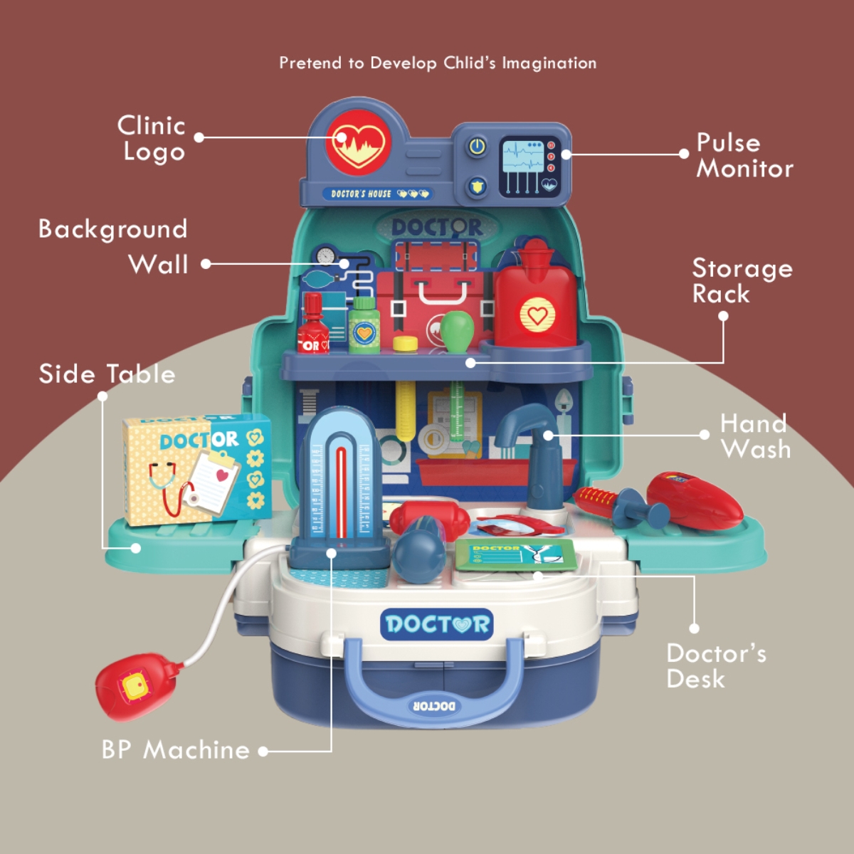 ليتل ستوري مجموعة لعب تقمص الأدوار طبيب/ممرضة/عيادة 3 في 1 على شكل حقيبة مدرسية للجنسين، 3-4 سنوات