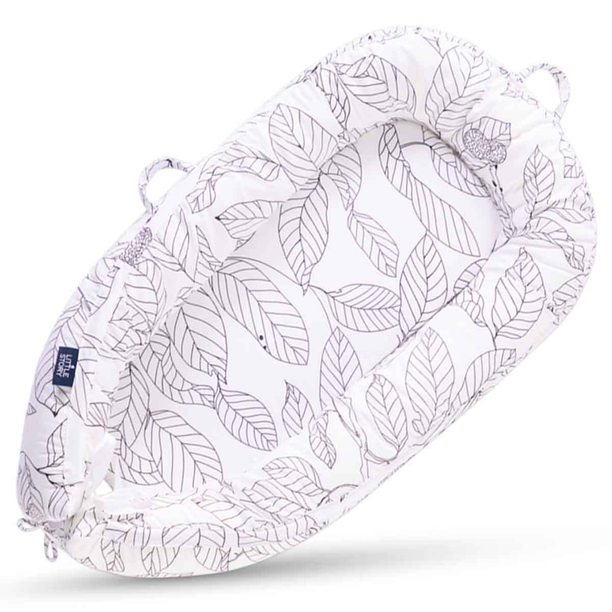 ليتل ستوري سرير استرخاء للمواليد بحشوة لينة قابلة للتنفس — فلورا أبيض رمادي للأطفال، 0–2 سنة