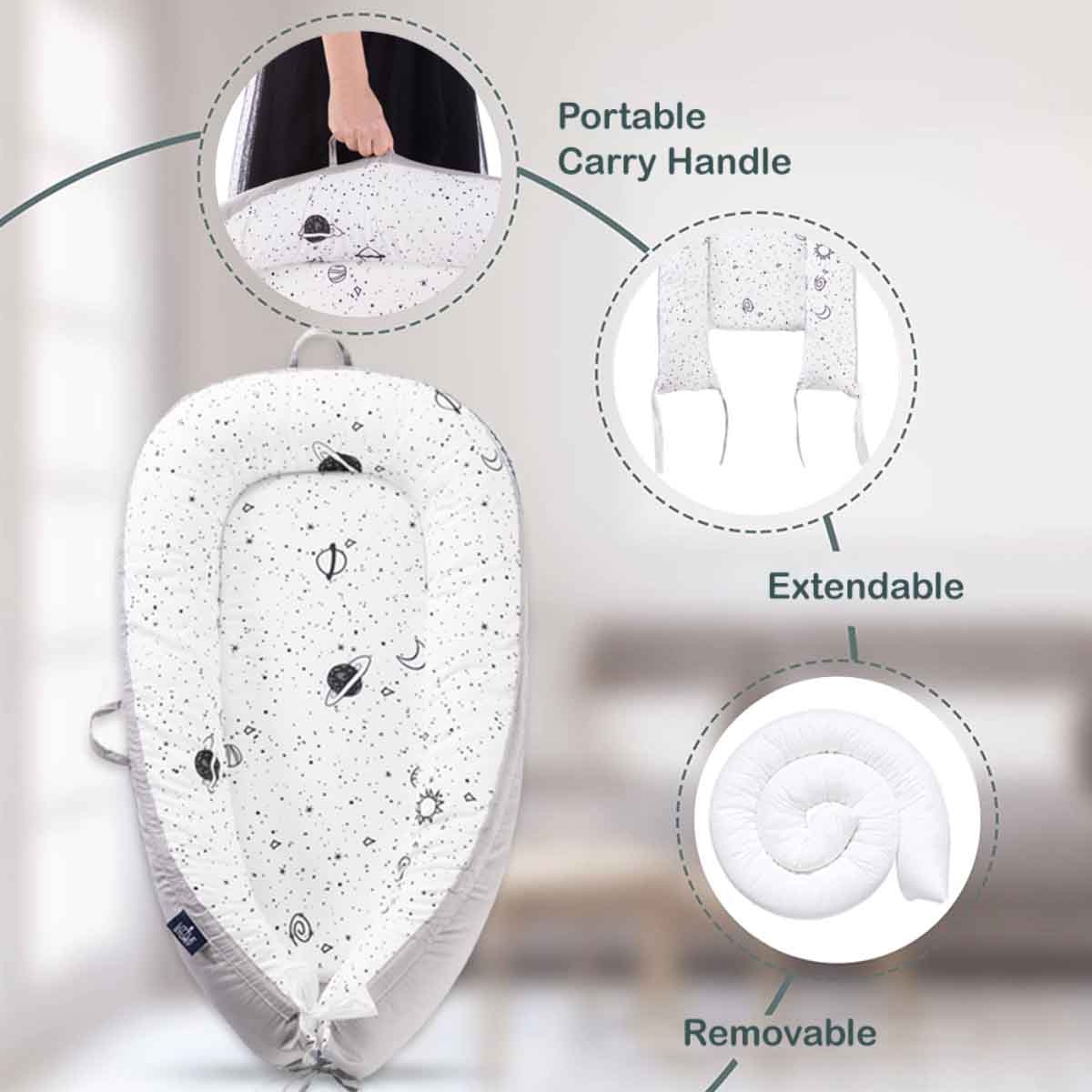 ليتل ستوري سرير استرخاء للمواليد بحشوة لينة وقابلة للتنفس — نقش المجرة للأطفال، 0–2 سنة