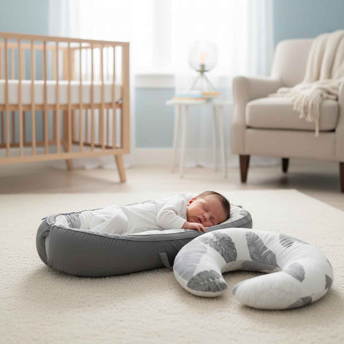 ليتل ستوري سرير استرخاء لحديثي الولادة بنقشة الأوراق مع وسادة رضاعة