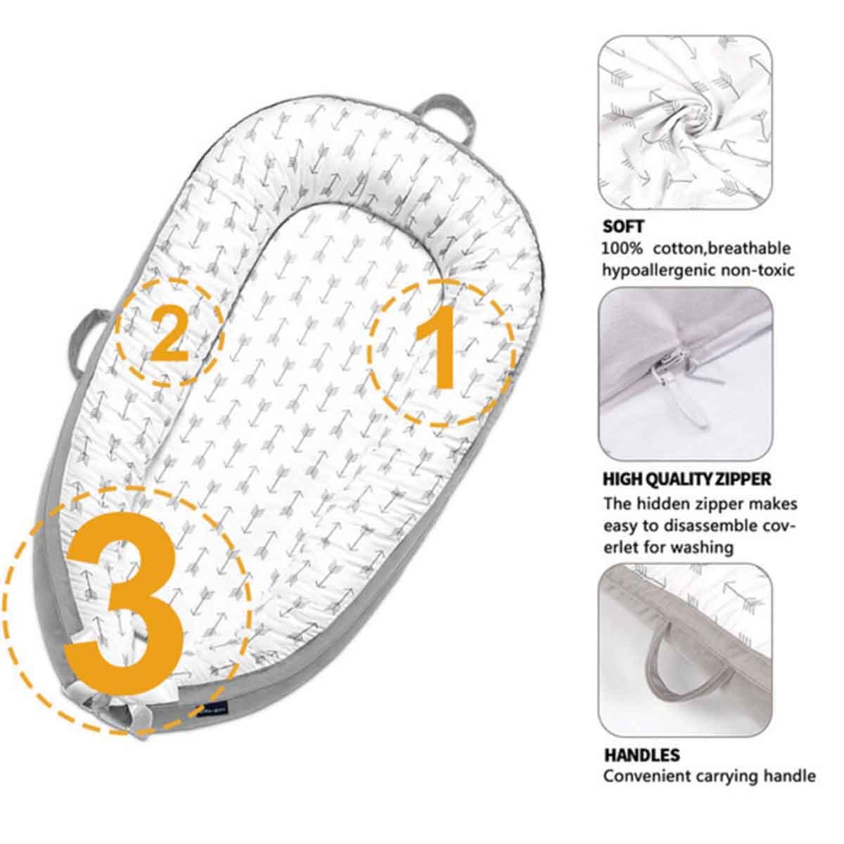 ليتل ستوري سرير استرخاء لحديثي الولادة بحشوة ألياف ناعمة وقابلة للتنفس – رمادي بنقشة الأسهم