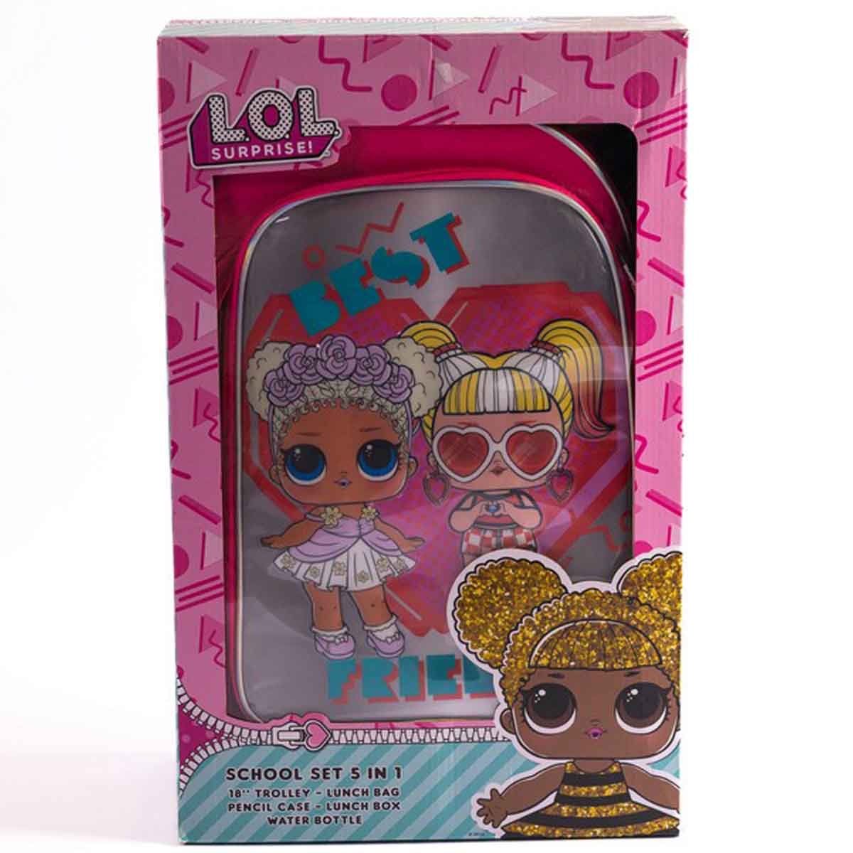 إل أو إل سربرايز مجموعة مدرسية 5 في 1 مع حقيبة ترولي وحقيبة غداء ومقلمة وزجاجة مياه وصندوق طعام