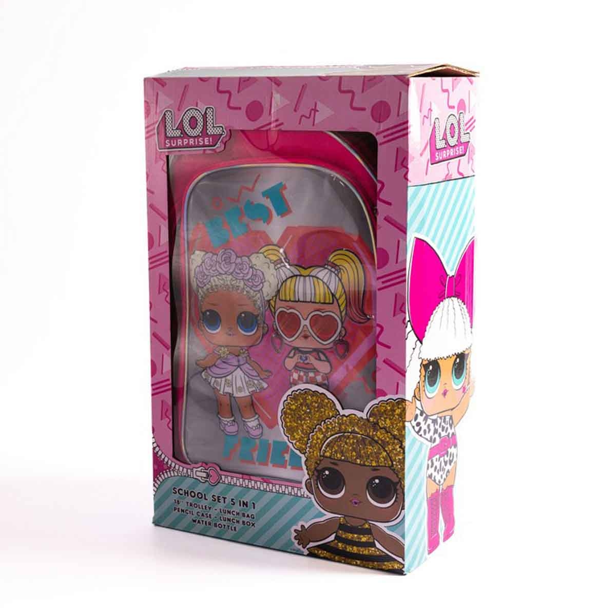 إل أو إل سربرايز مجموعة مدرسية 5 في 1 مع حقيبة ترولي وحقيبة غداء ومقلمة وزجاجة مياه وصندوق طعام