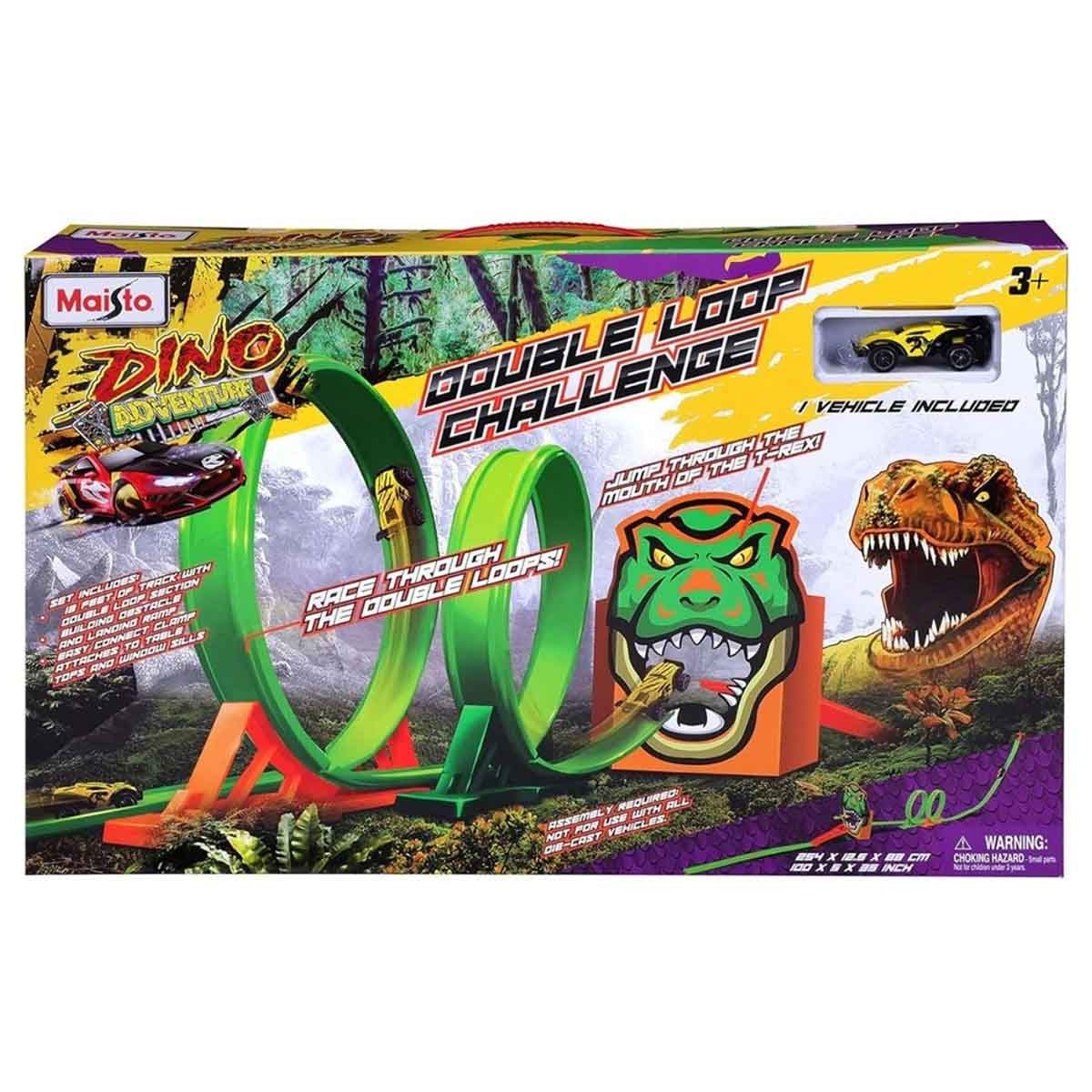 مايستو مجموعة تحدي المسار المزدوج للديناصور مع سيارة تحكم عن بعد هجوم الديناصور للطرق الوعرة، للأولاد، 8-10 سنوات