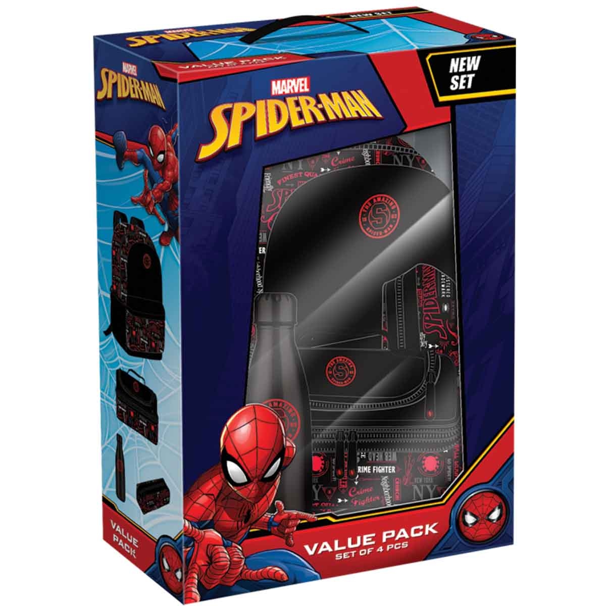 سبايدر مان مجموعة حقيبة ظهر 4 في 1 مع حقيبة غداء معزولة وزجاجة ومقلمة