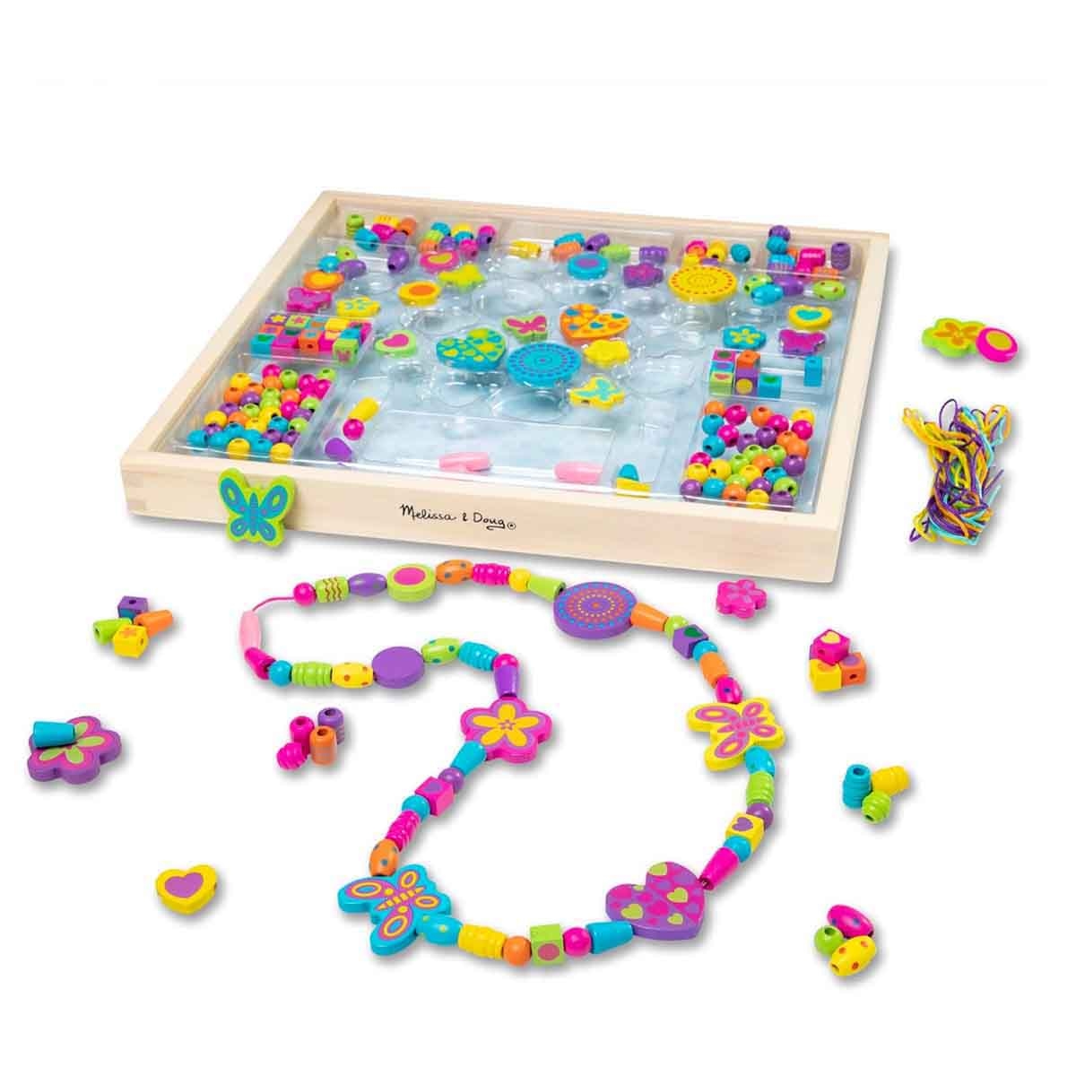 ميليسا آند دوغ مجموعة خرز خشبي فاخر مزينة بالزهور اصنعها بنفسك للجنسين، 5-7 سنوات