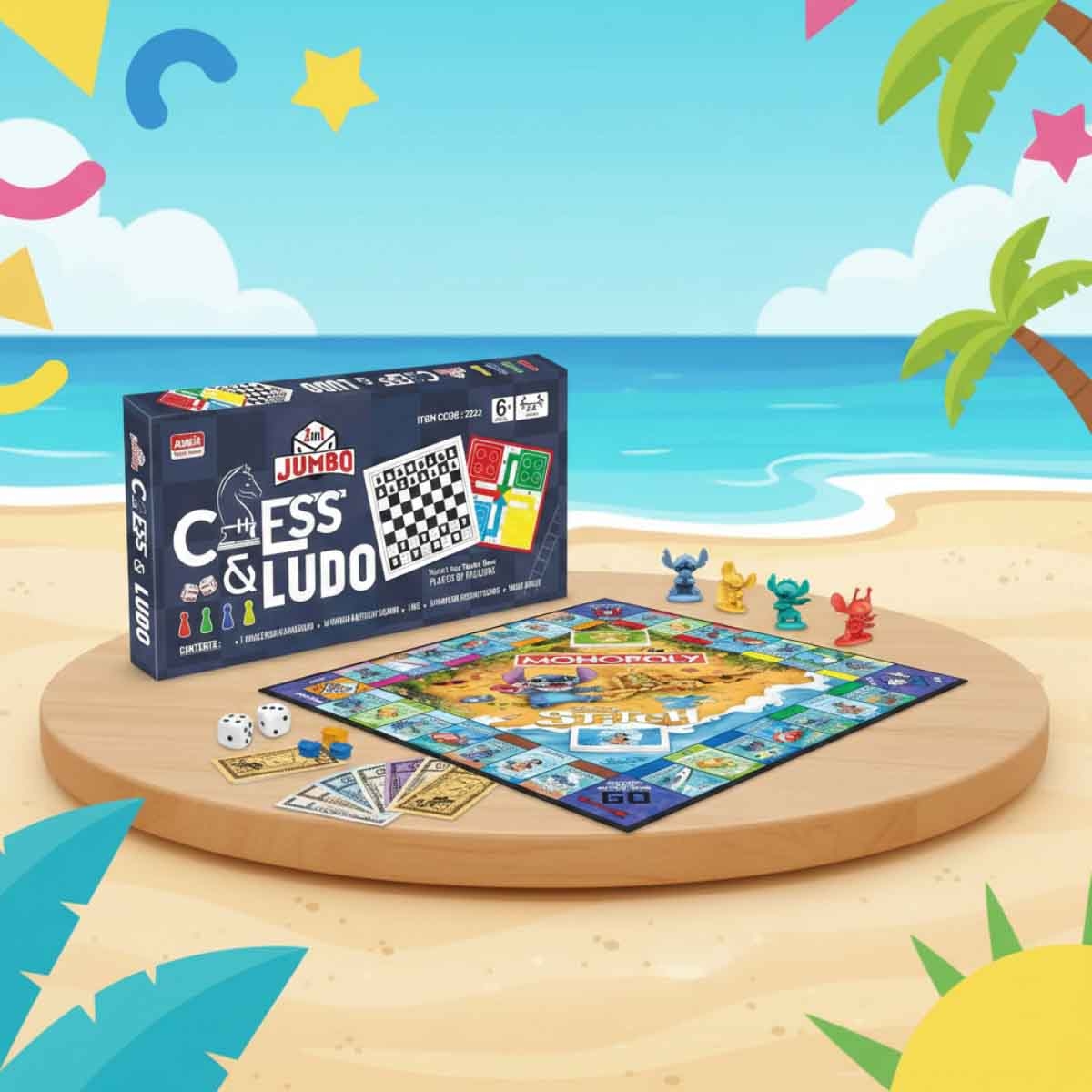 مونوبولي ستيتش مجموعة اللعبة مع شطرنج جامبو ولودو من أنكيت تويز، للجنسين، 8-10 سنوات