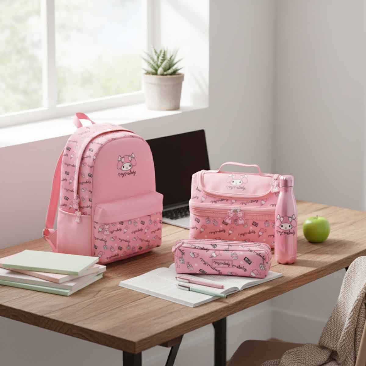 ماي ميلودي مجموعة حقيبة ظهر 4 في 1 مع حقيبة غداء وزجاجة ستانلس ستيل ومقلمة