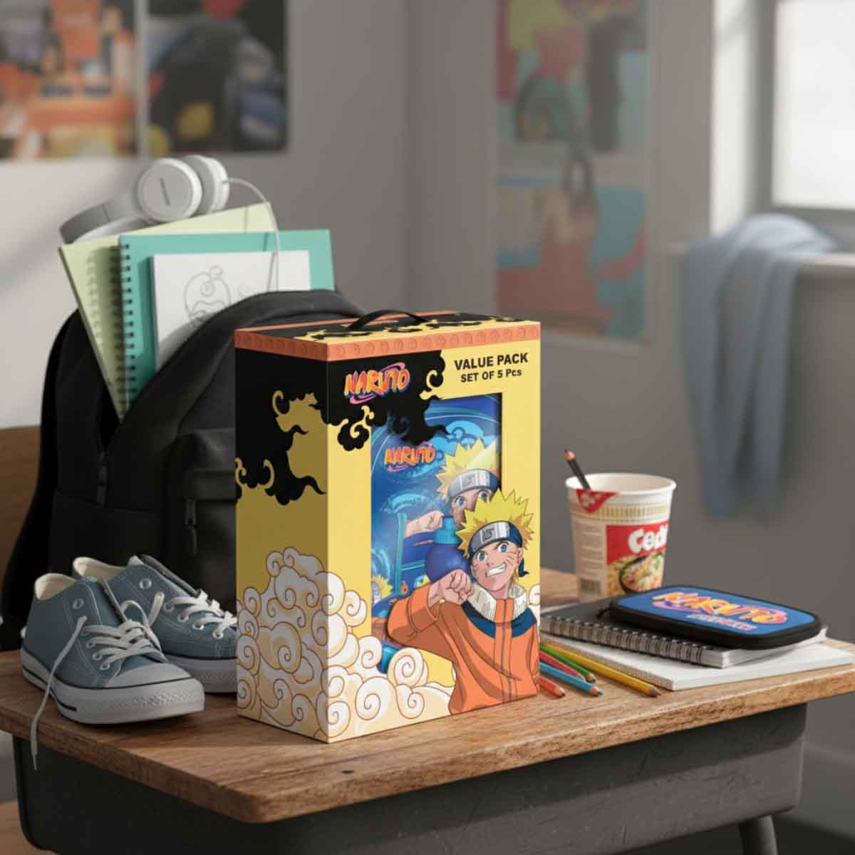 ناروتو مجموعة حقيبة ترولي 5 في 1 مقاس 16 انش مع صندوق غداء وزجاجة ومقلمة وحقيبة غداء