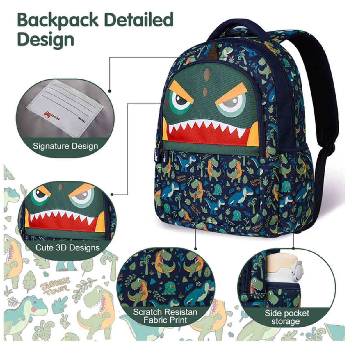نوهو حقيبة مدرسية ديناصور 16 إنش للأطفال باللون الأخضر للجنسين، 3-4 سنوات