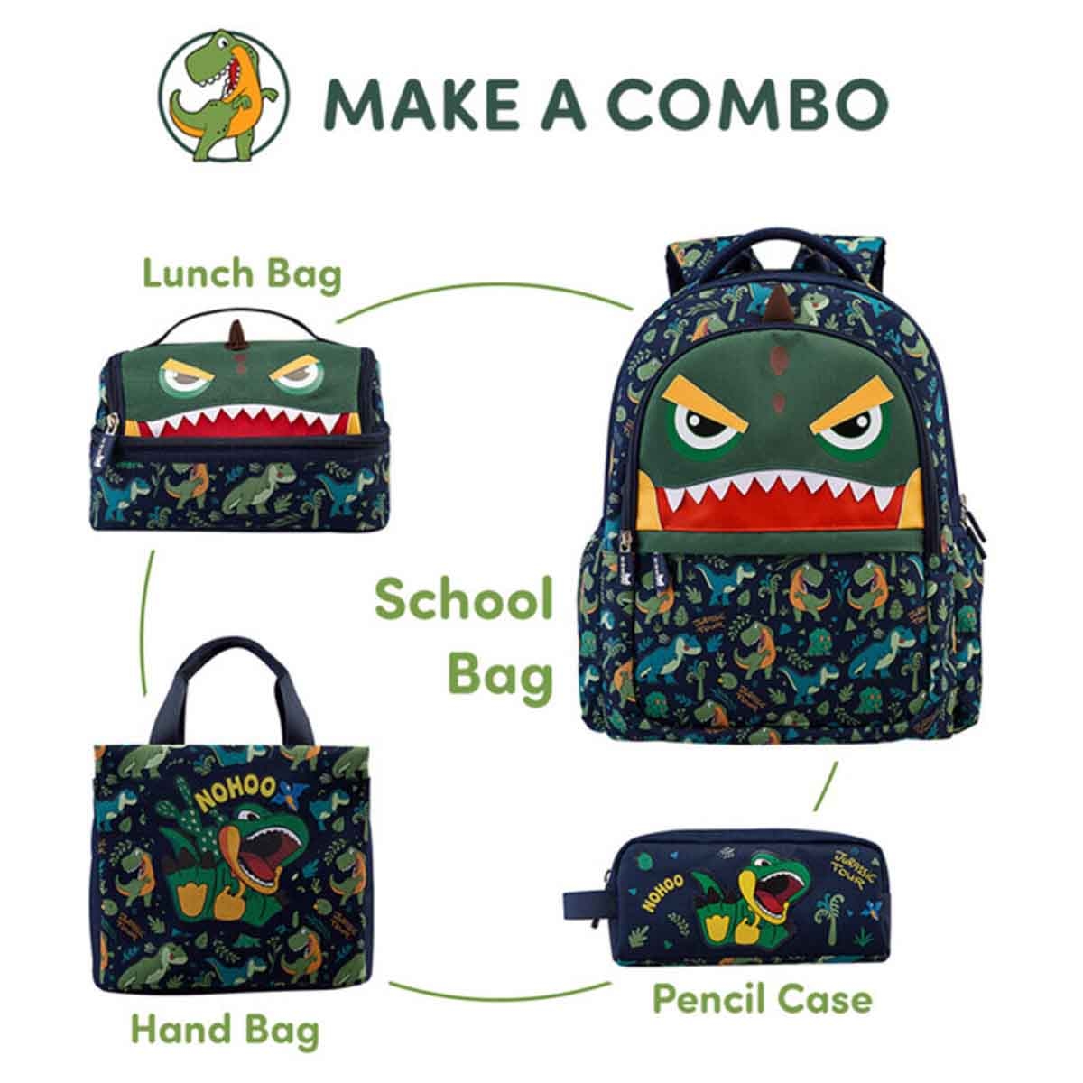 نوهو حقيبة مدرسية ديناصور 16 إنش للأطفال باللون الأخضر للجنسين، 3-4 سنوات