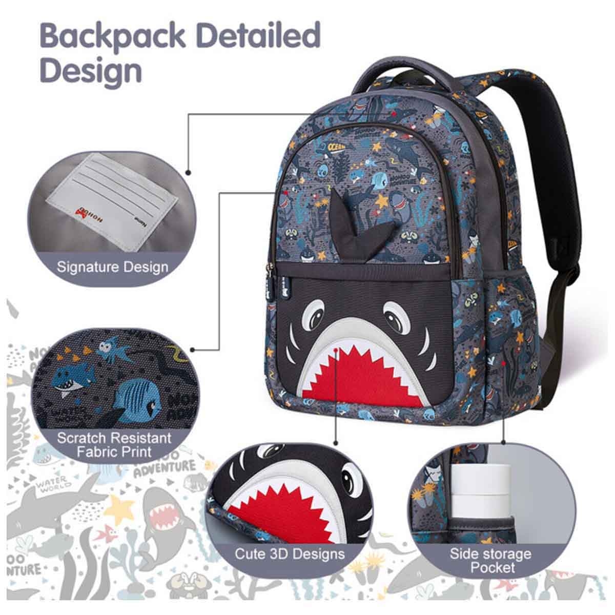 نوهو حقيبة مدرسية قرش 16 إنش للأطفال باللون الرمادي للجنسين، 3-4 سنوات