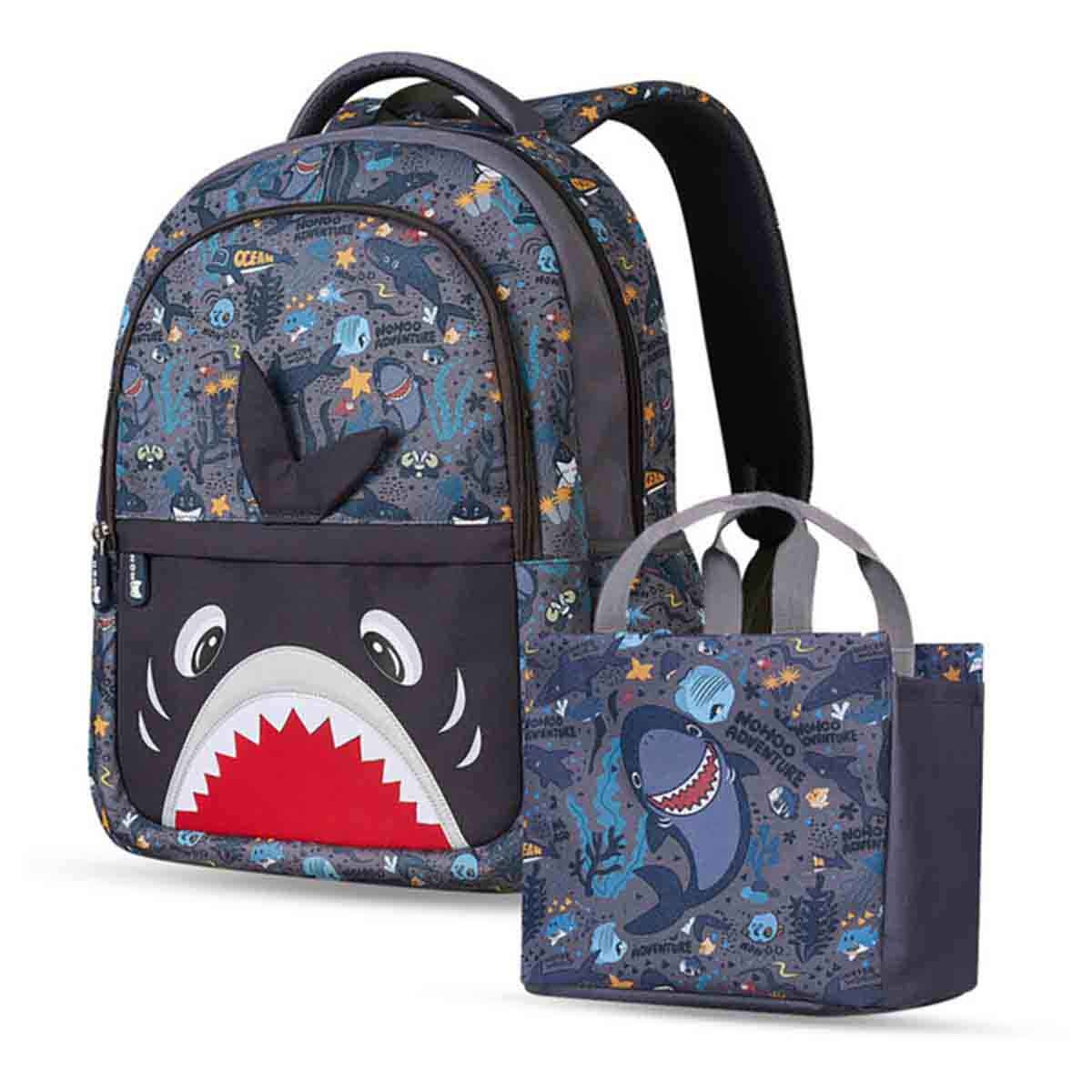 نوهو مجموعة حقيبة مدرسية 16 إنش بتصميم سمكة القرش مع حقيبة يد