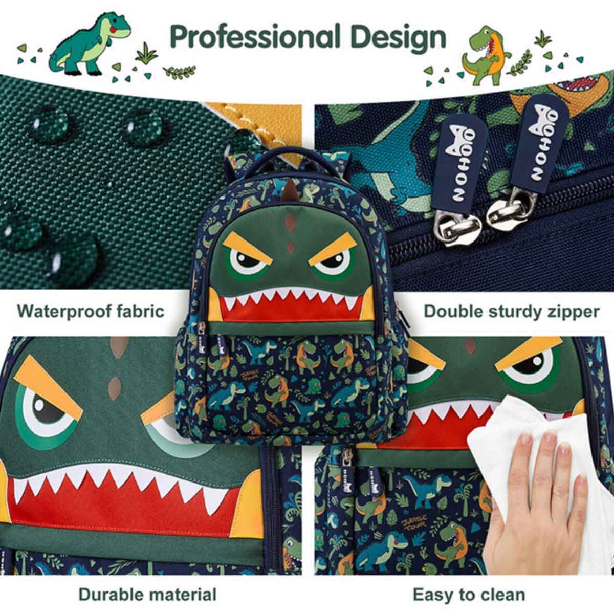 نوهو مجموعة 4 في 1 حقيبة مدرسية 16 إنش بتصميم ديناصور مع حقيبة غداء وحقيبة يد وحقيبة أقلام
