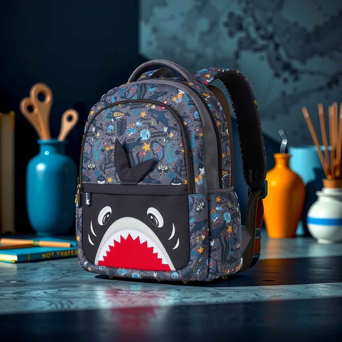 نوهو مجموعة 4 في 1 حقيبة مدرسية 16 إنش بتصميم سمكة القرش مع حقيبة غداء وحقيبة يد وحقيبة أقلام