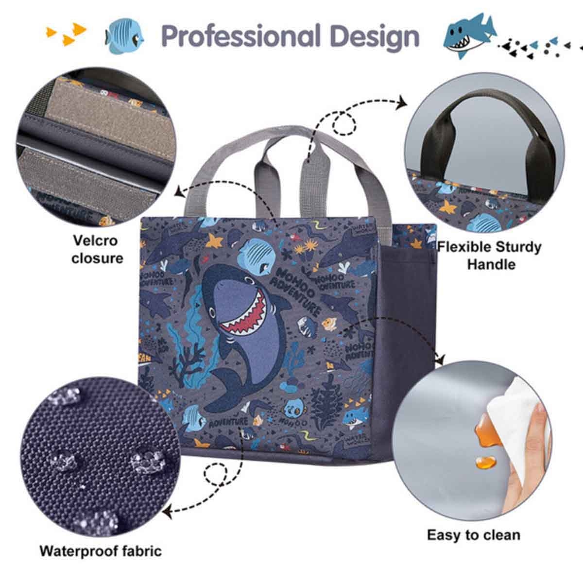 نوهو حقيبة غداء/يد للأطفال بتصميم سمكة القرش