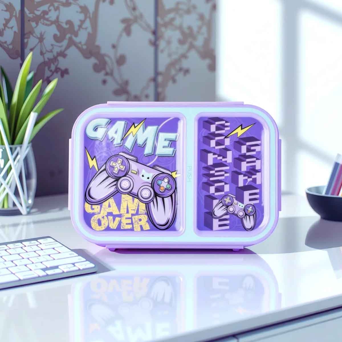 نوفا كيدز صندوق غداء بنتو بسعة 1.3 لتر بتصميم غيمر بقسمين مع زجاجة ماء