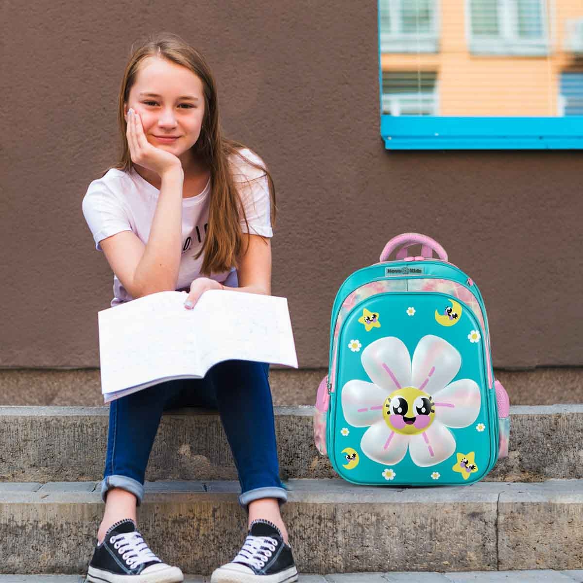 نوفا كيدز حقيبة مدرسية ثلاثية الأبعاد مقاس 16.5 إنش بتصميم ديزي مع عربة