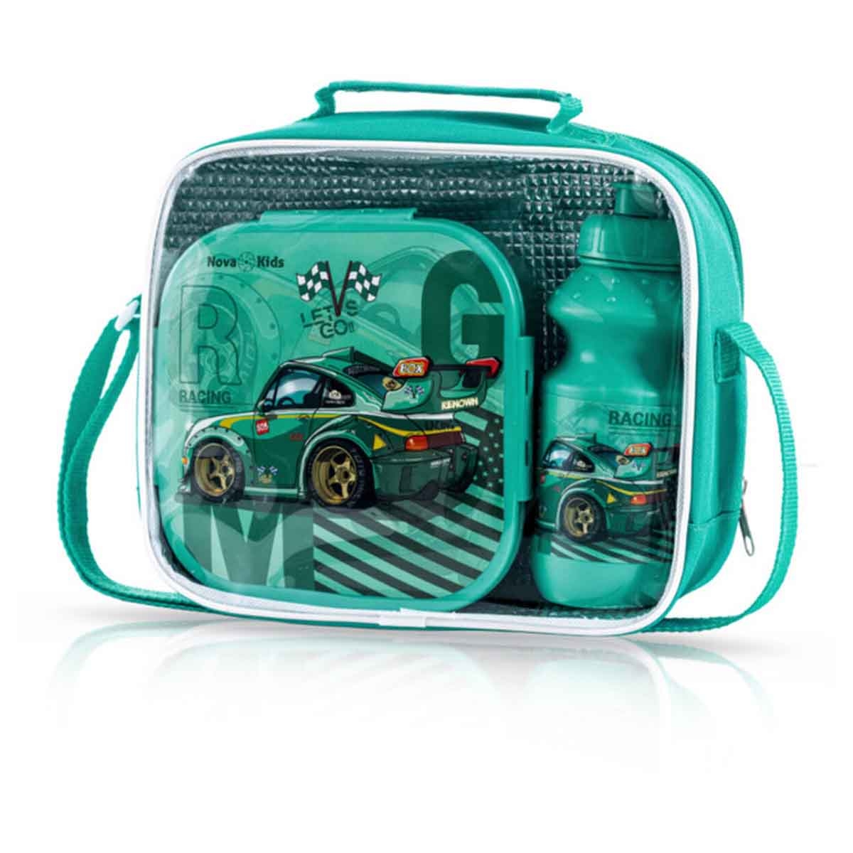 نوفا كيدز علبة غداء وزجاجة ماء مع حقيبة غداء باللون الأخضر ريسنغ