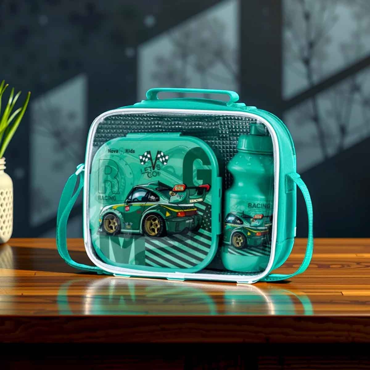 نوفا كيدز علبة غداء وزجاجة ماء مع حقيبة غداء باللون الأخضر ريسنغ