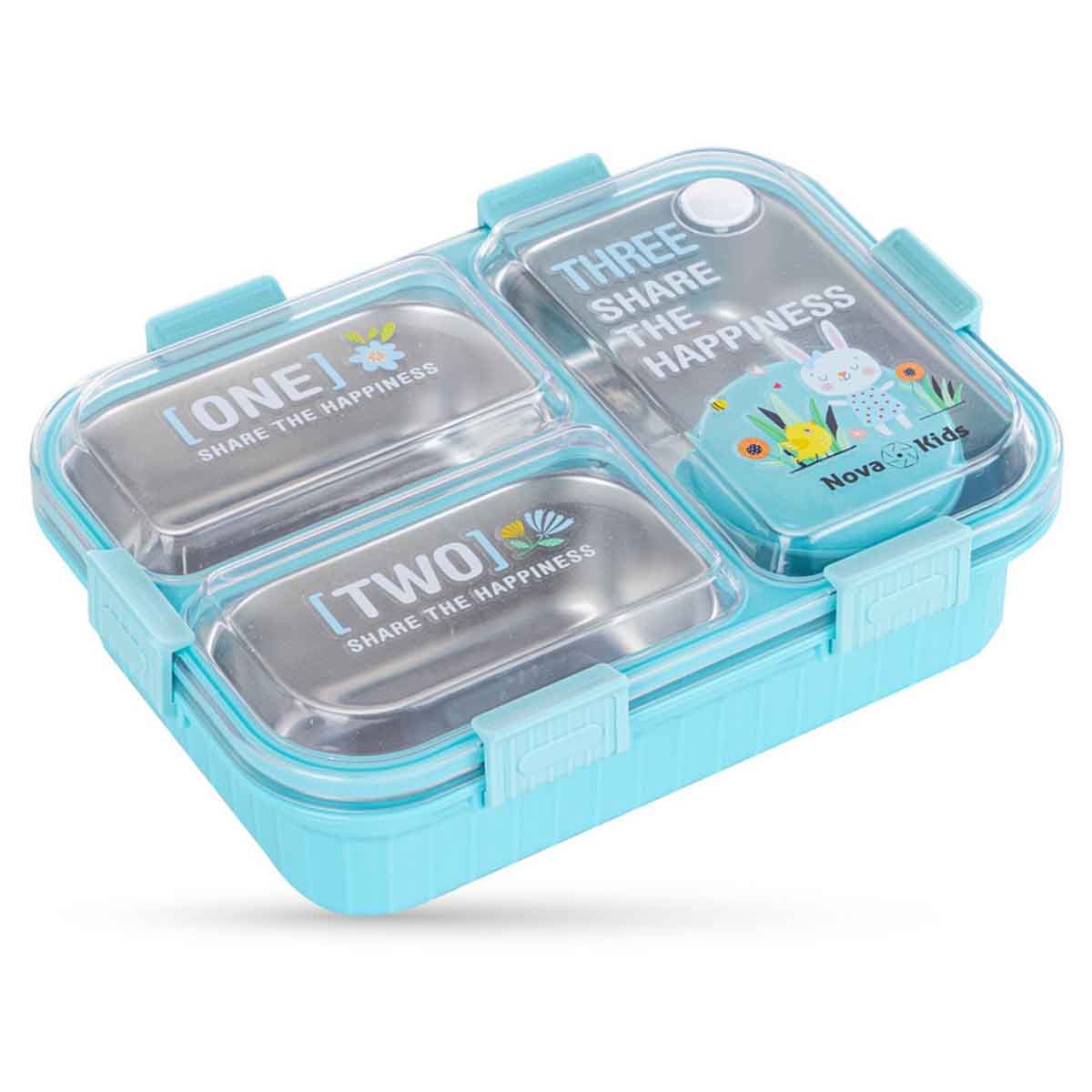 نوفا كيدز صندوق غداء بنتو ستانلس ستيل بثلاثة أقسام مع مجموعة ملعقة وشوكة