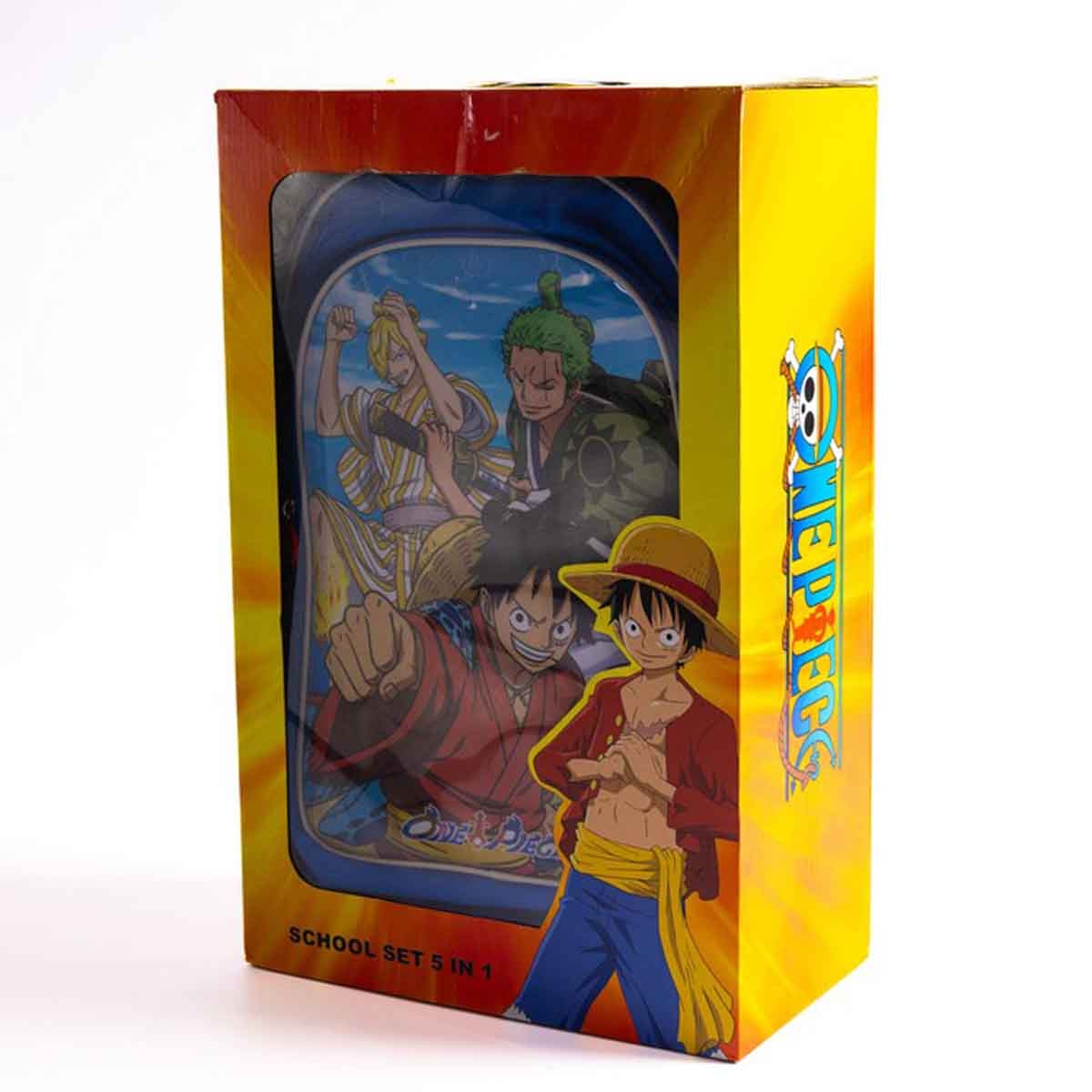 ون بيس مجموعة حقيبة ترولي مدرسية مقاس 18 انش مع حقيبة غداء ومقلمة وزجاجة مياه وصندوق طعام للبنات من عمر 5-7 سنوات