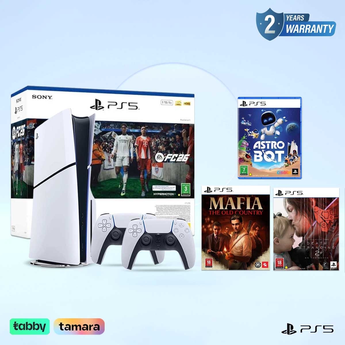 سوني بلايستيشن 5 قرص بلو-راي و إف سي 26 + أسترو بوت + ديث ستراندينغ 2 + مافيا ذا أولد كنتري مع حزمة وحدة تحكم