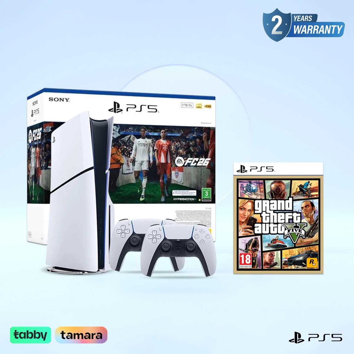 سوني بلايستيشن 5 قرص بلو-راي و إف سي 26 + جي تي إيه 5 مع حزمة وحدة تحكم لاسلكية دوال سينس