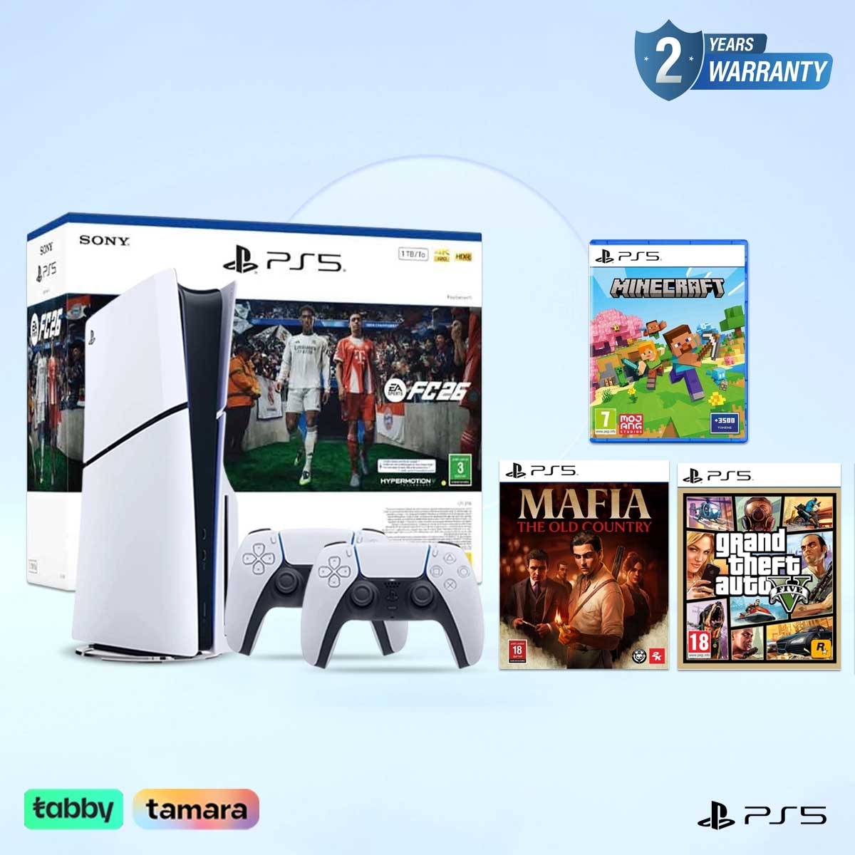 سوني بلايستيشن 5 قرص بلو-راي و إف سي 26 + ماينكرافت + جي تي إيه 5 + مافيا ذا أولد كنتري مع حزمة وحدة تحكم دوال سينس