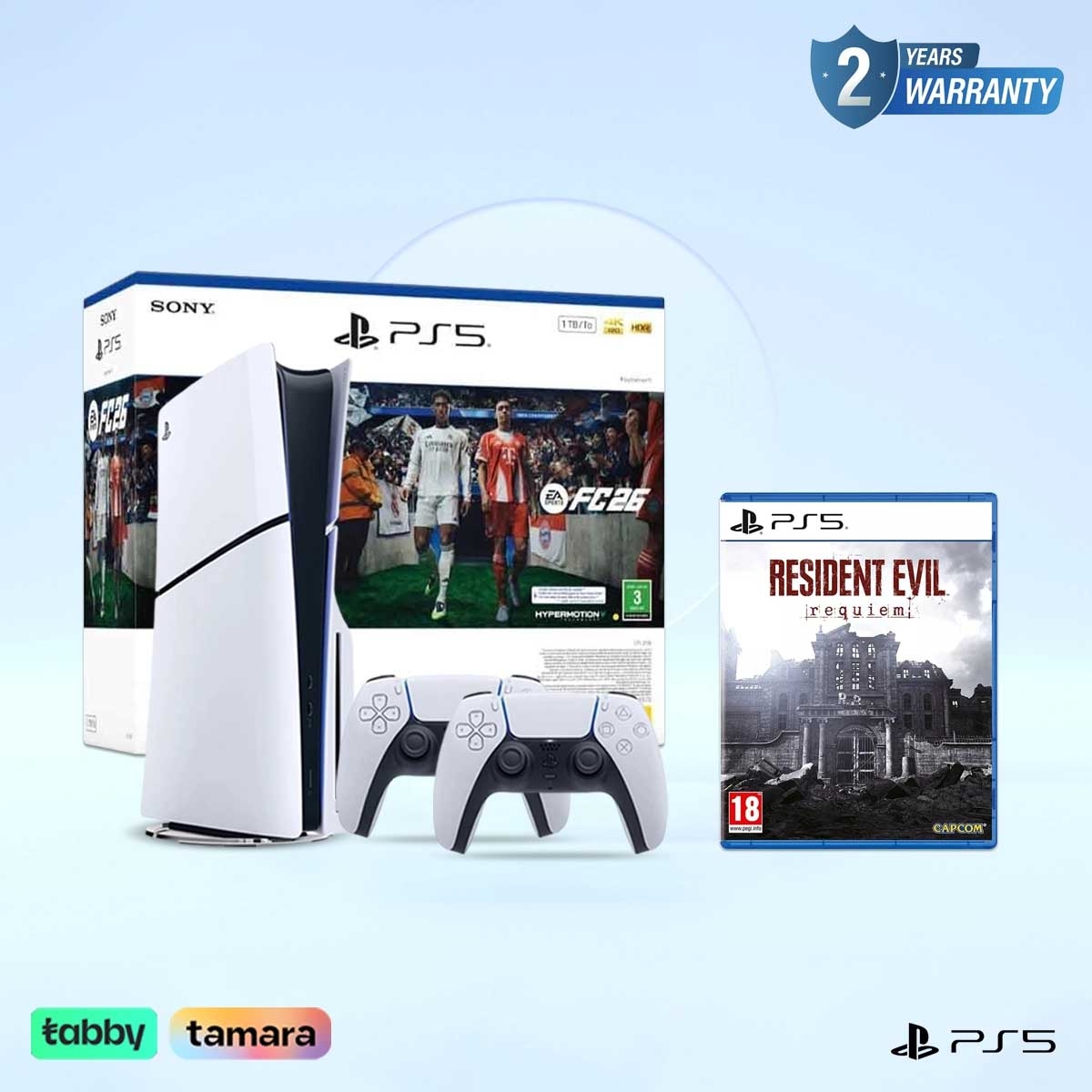 سوني بلايستيشن 5 قرص بلو-راي و إف سي 26 + ريزدنت إيفل ريكوييم لينتيكيولار مع حزمة وحدة تحكم دوال سينس