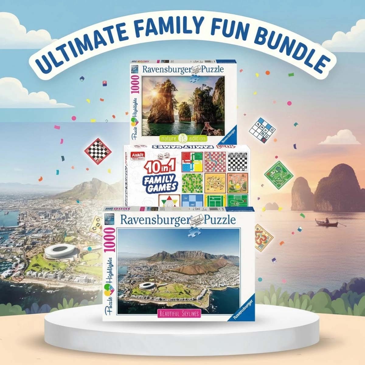 رافنسبورجر مجموعة لغز الصخور الثلاثة في تشيو وكيب تاون مع لعبة العائلة اللوحية من أنكيت تويز، للجنسين، 13+ سنة