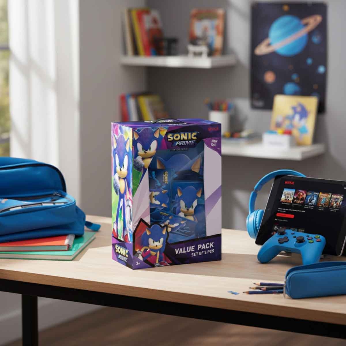 سونيك مجموعة حقيبة ترولي 5 في 1 مقاس 14 انش مع صندوق غداء وزجاجة ومقلمة وحقيبة غداء