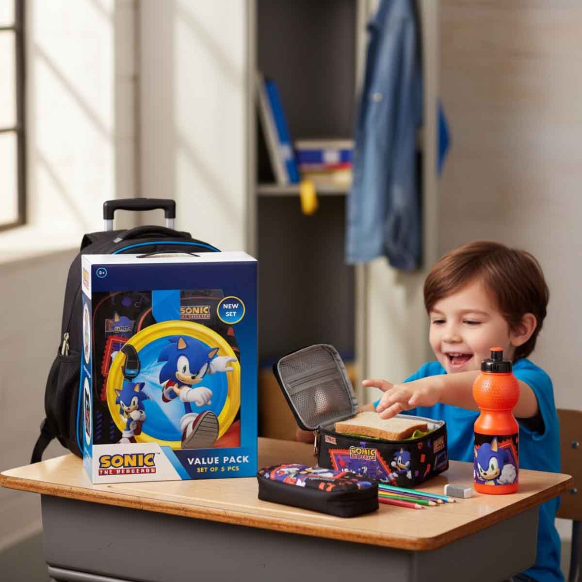 سونيك مجموعة حقيبة ترولي 5 في 1 مقاس 16 انش مع صندوق غداء وزجاجة ومقلمة وحقيبة غداء