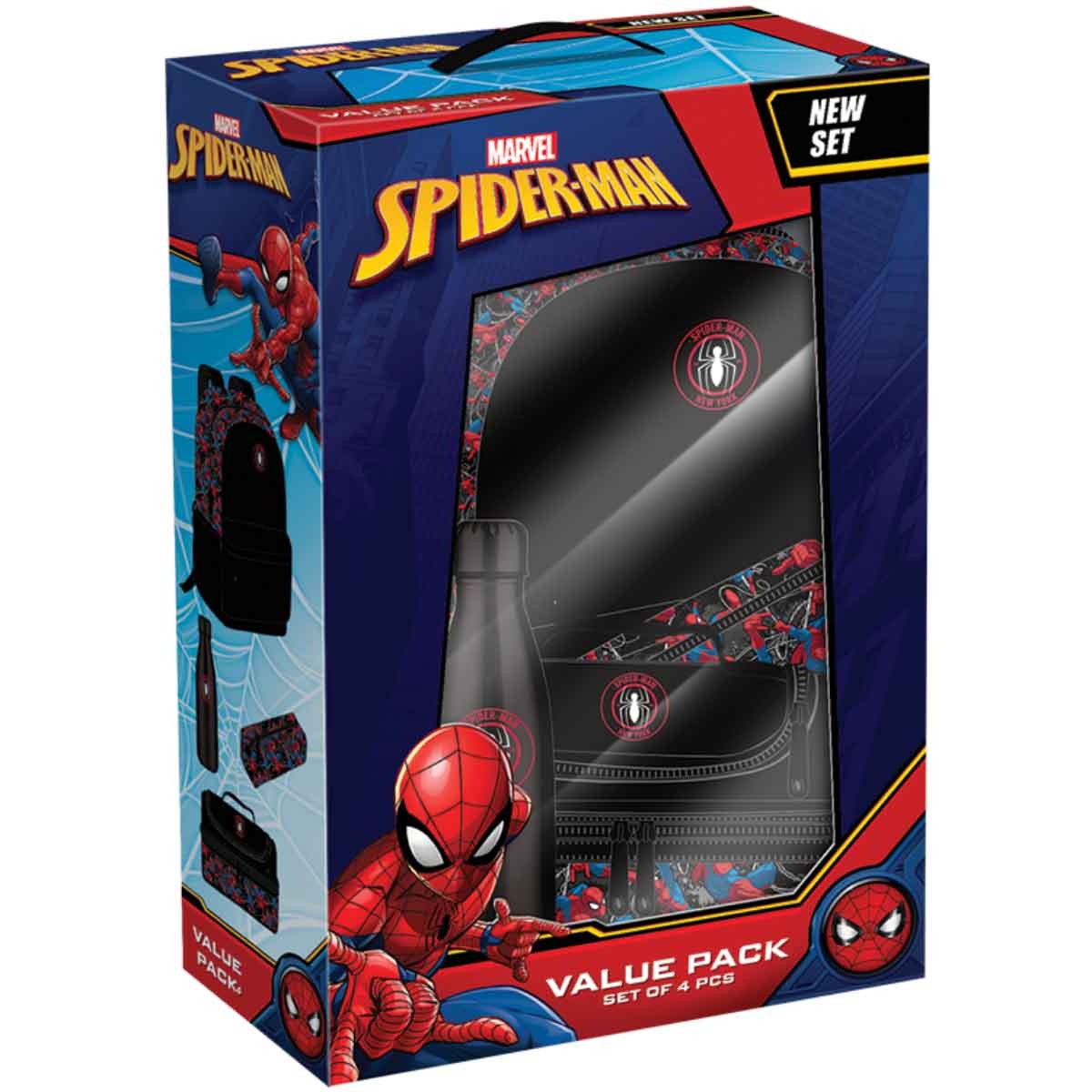 سبايدر مان مجموعة حقيبة ظهر مارفل 4 في 1 مع حقيبة غداء وزجاجة ومقلمة