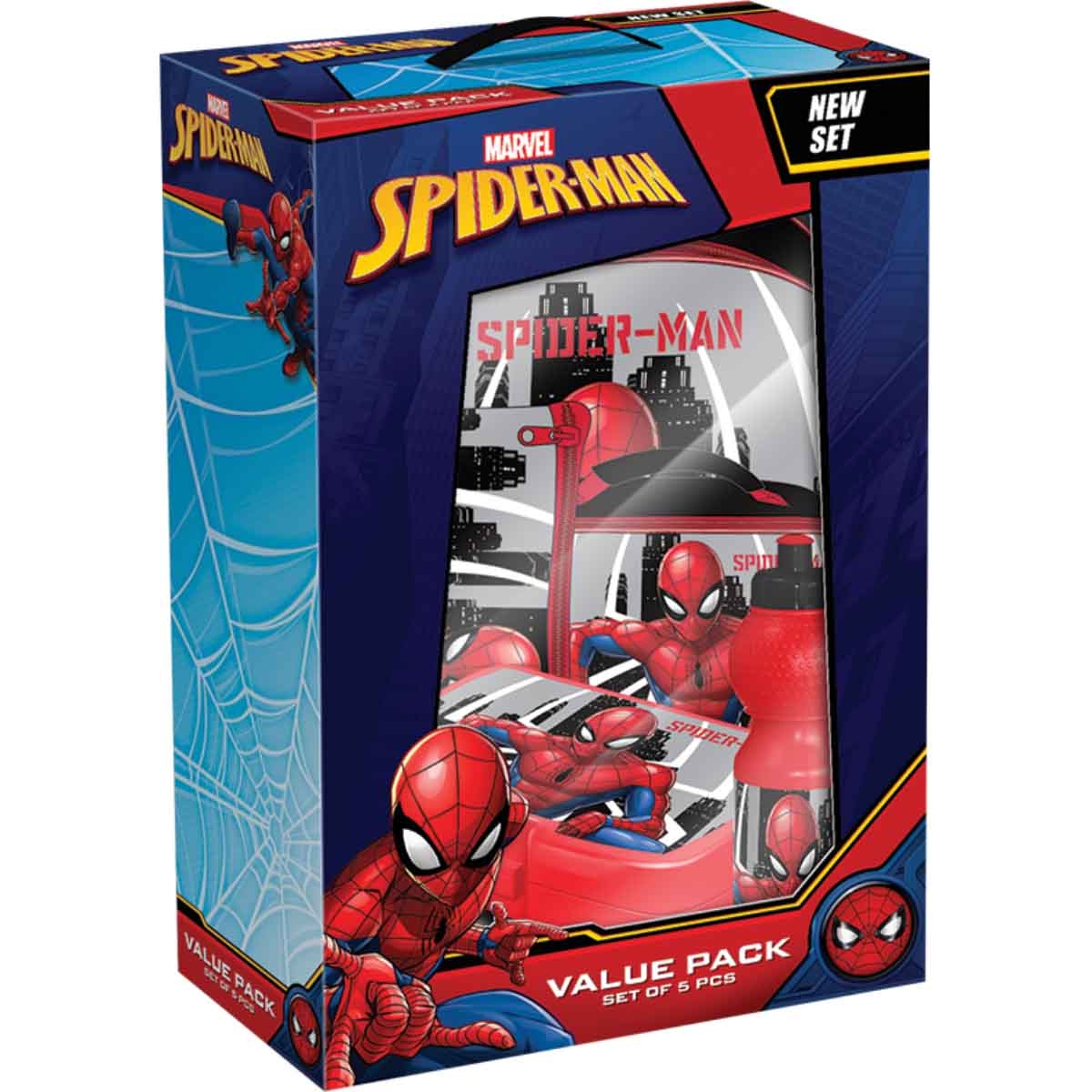 سبايدر مان مجموعة حقيبة ترولي بعجلات 5 في 1 مقاس 16 انش مع صندوق غداء وزجاجة ومقلمة وحقيبة غداء