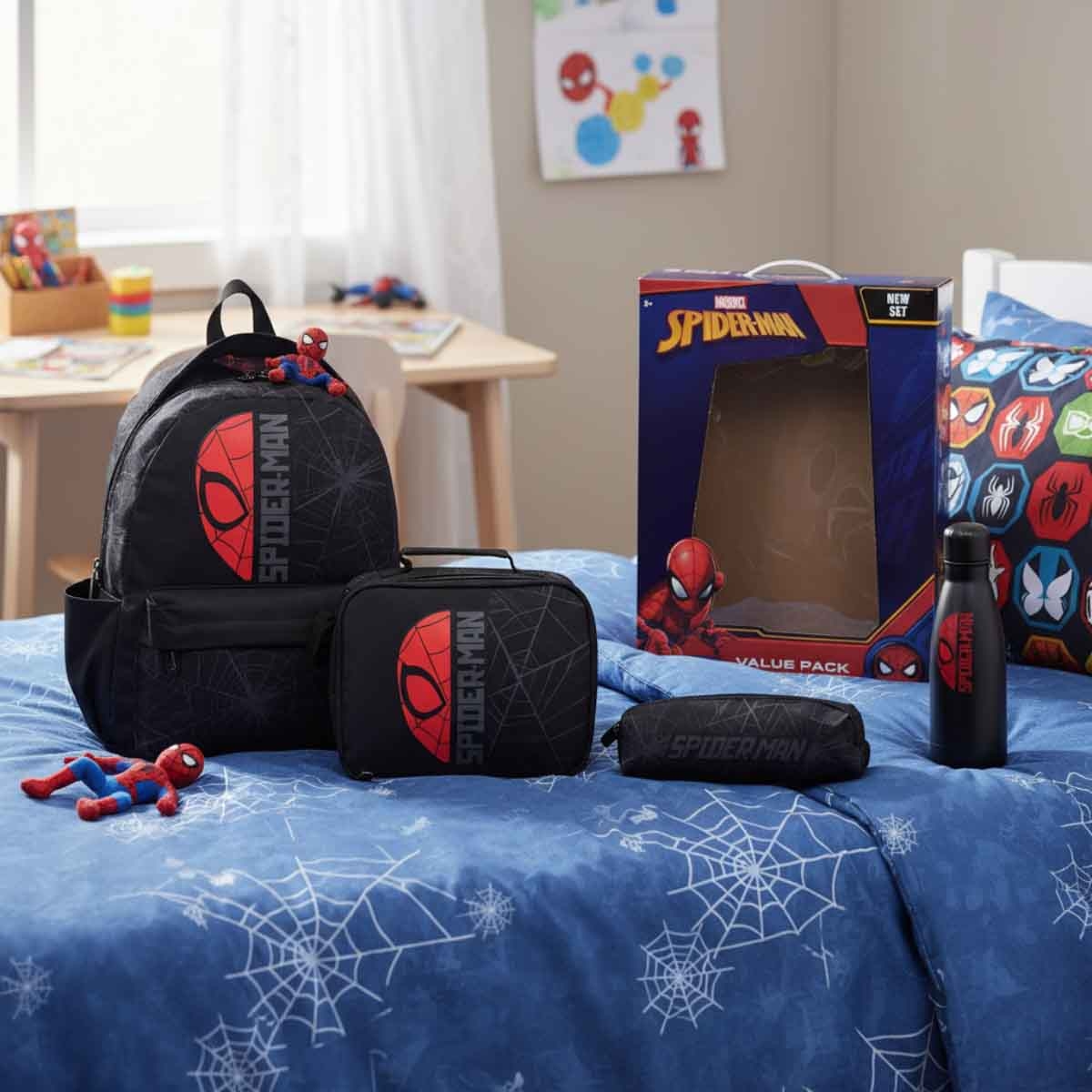 سبايدر مان مجموعة حقيبة ظهر 4 في 1 مع حقيبة غداء وزجاجة ومقلمة