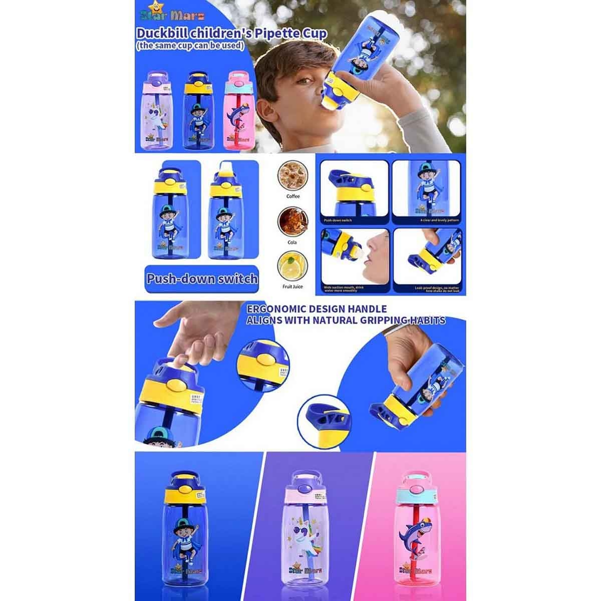 ستارمارز زجاجة مياه للأطفال بسعة 480 مل باللون الأزرق مع غطاء شرب للبنات من عمر 3-4 سنوات