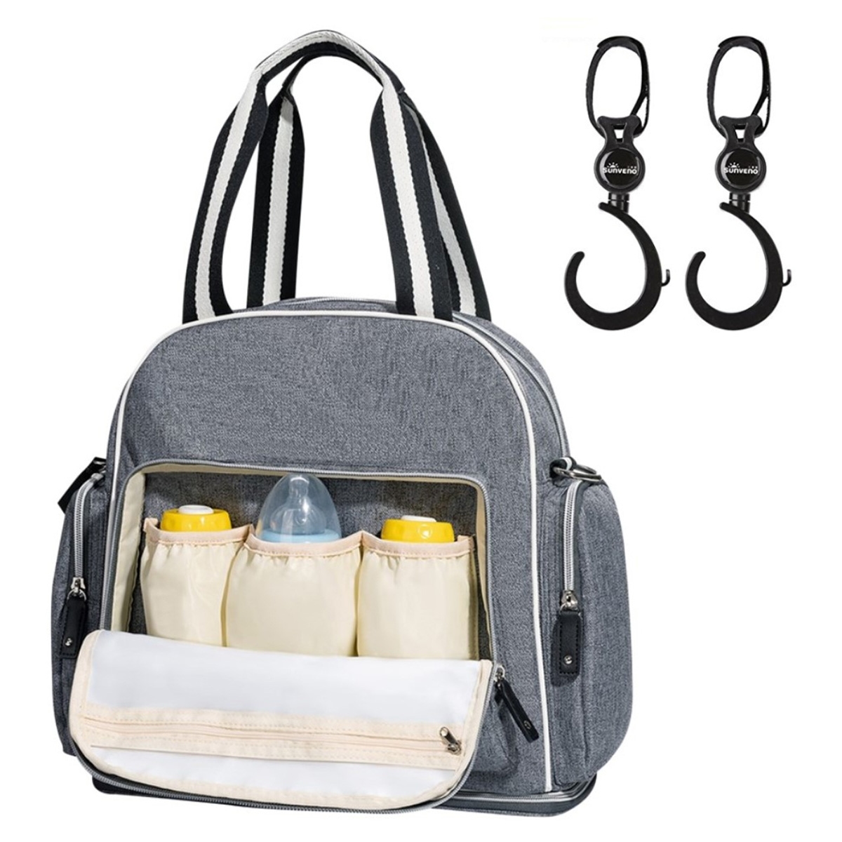 صنفينو حقيبة حفاضات أمومة سيغنتشر باللون الرمادي مع خطافات عربة للأطفال