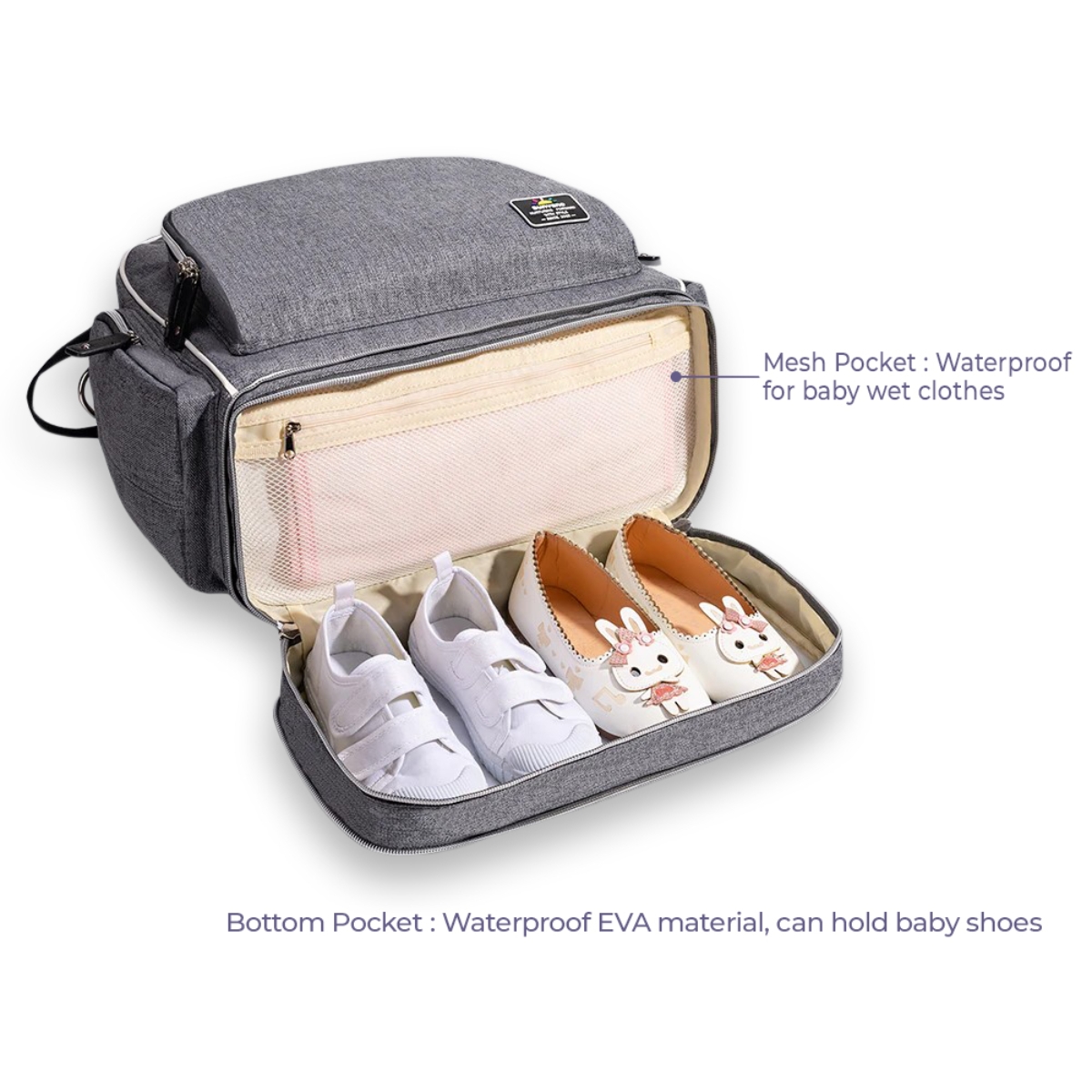 صنفينو حقيبة حفاضات أمومة سيغنتشر باللون الرمادي مع خطافات عربة للأطفال