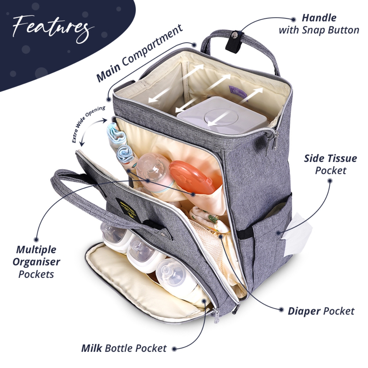 صنفينو حقيبة حفاضات سفر أنيقة XL باللون الرمادي مع أحزمة عربة ووسادة تغيير للجنسين
