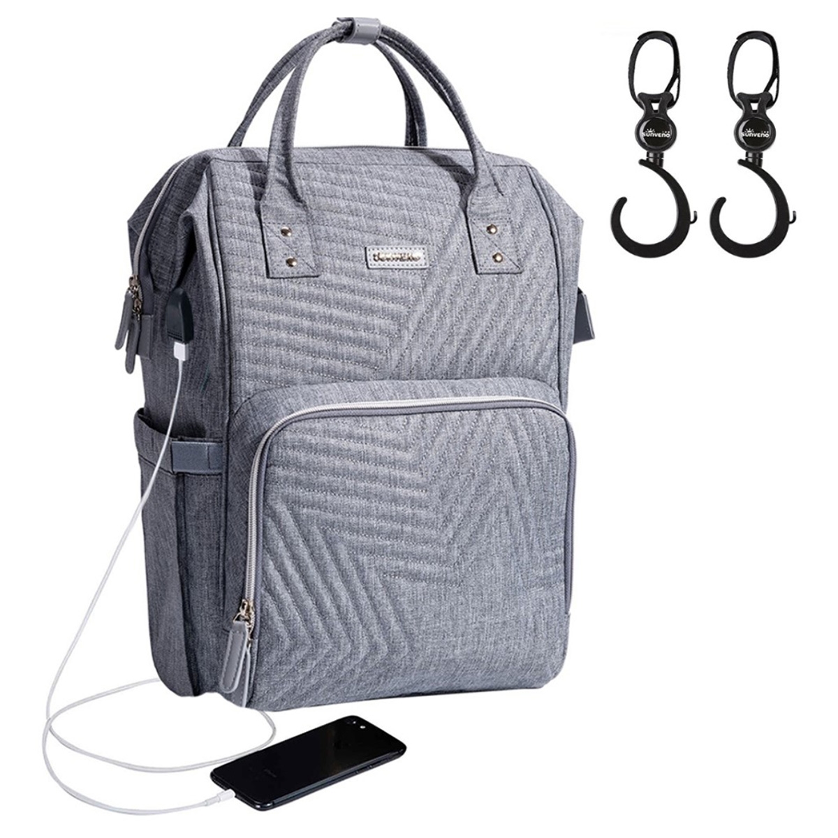 صنفينو حقيبة حفاضات نوفا باللون الرمادي مع خطافات عربة للأطفال