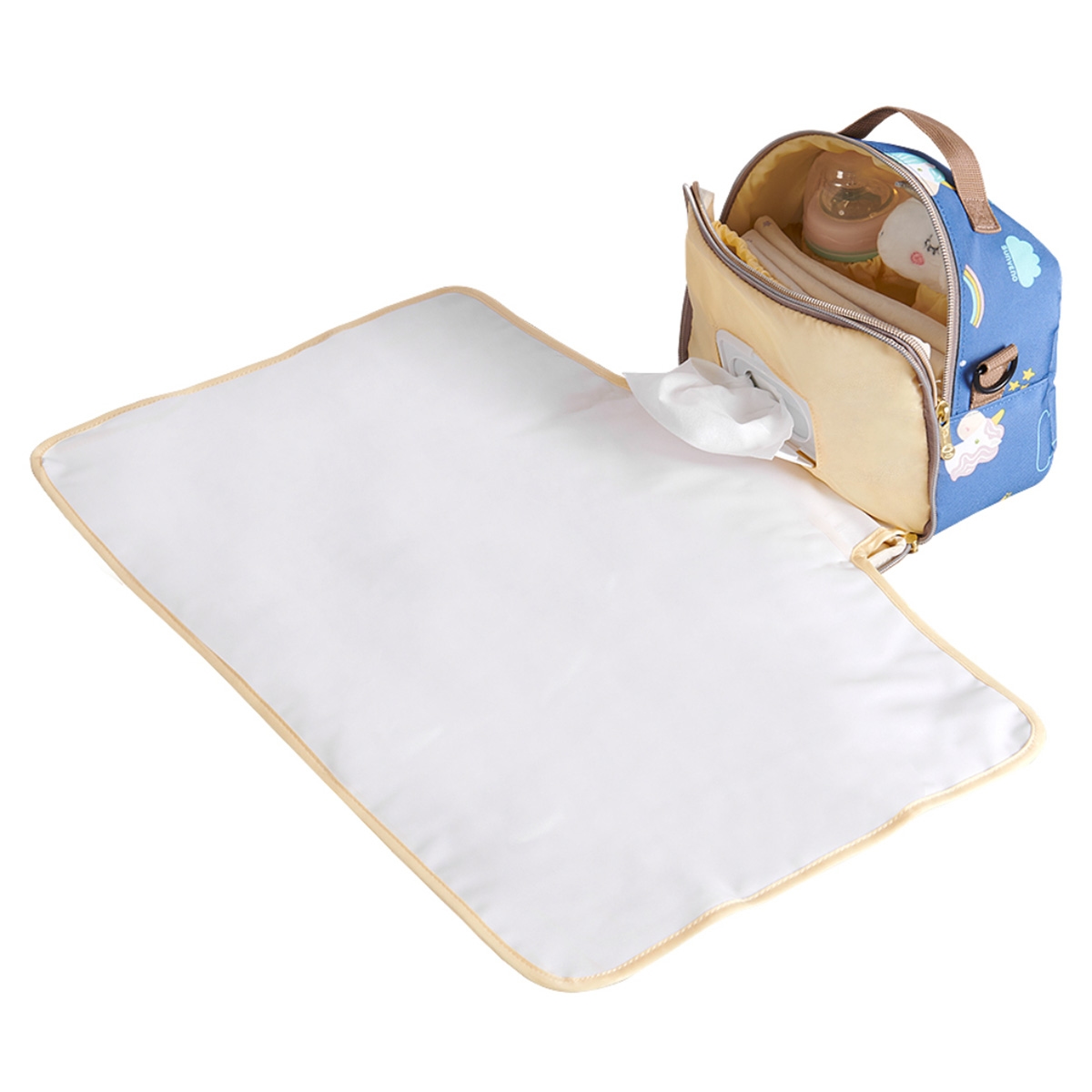 صنفينو محفظة تغيير حفاضات يونيكورن زرقاء مع حصيرة للأطفال