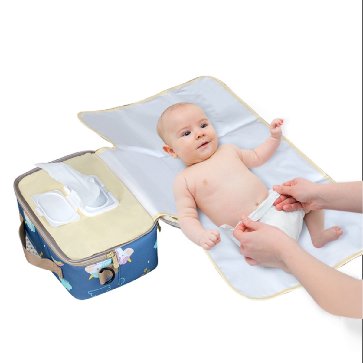 صنفينو محفظة تغيير حفاضات يونيكورن زرقاء مع حصيرة للأطفال